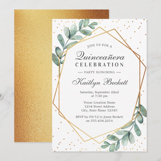 Eucalyptus Gold Geometric Quinceñera Birthday Einladung (Vorne/Hinten)