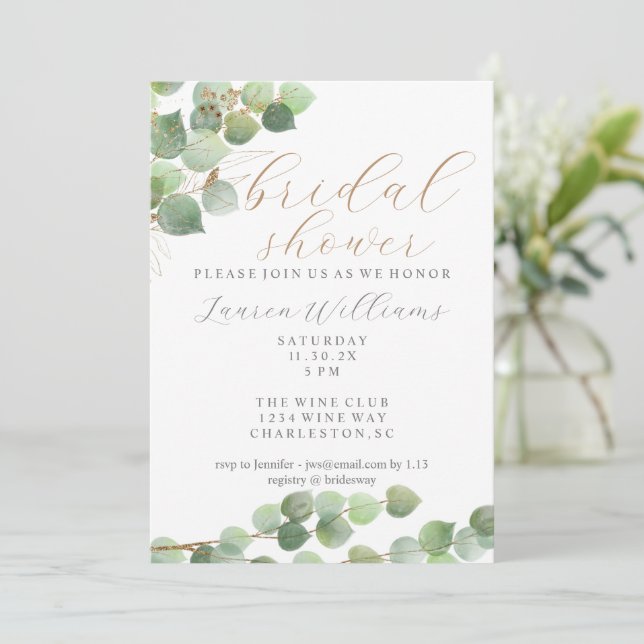 Eucalyptus Gold Glitzer Bridal Dusche Einladung (Stehend Vorderseite)