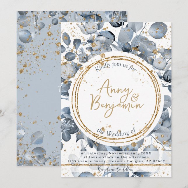 Eucalyptus Gold Glitzer - Dusty Blue Einladung 2 (Vorne/Hinten)