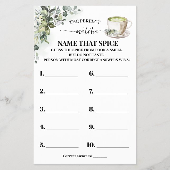 Eucalyptus Gold Name that Spice Shower Game Card Flyer (Vorne)