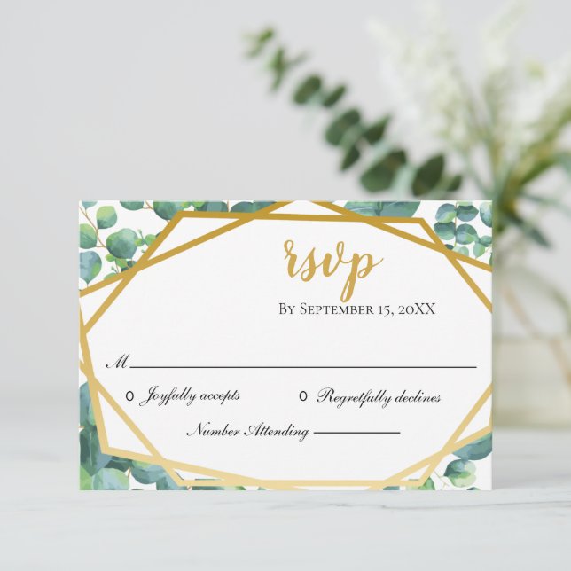 Eucalyptus Gold Rustic Wedding Carte RSVP (Debout devant)