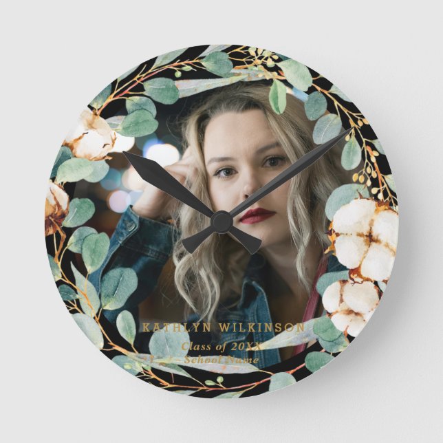 Eucalyptus Gold Wreath Custom Foto Abschluss Runde Wanduhr (Vorderseite)
