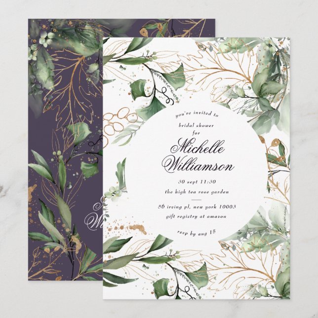Eucalyptus Golden Boho Modern Pampas Brautparty Einladung (Vorne/Hinten)