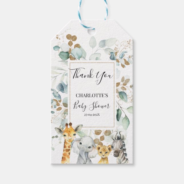 Eucalyptus Gray Gold Safari Baby Dusche Gefallen T Geschenkanhänger (Vorderseite)