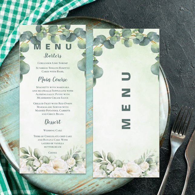 Eucalyptus Green Botanical Wedding Greenery Dinner Menükarte (Eucalyptus Green Botanical Wedding Greenery Dinner Menu)