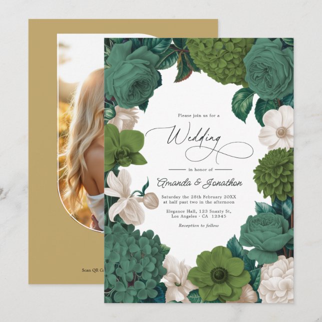 Eucalyptus Green, Fern Olive & Cream Line Wedding Einladung (Vorne/Hinten)
