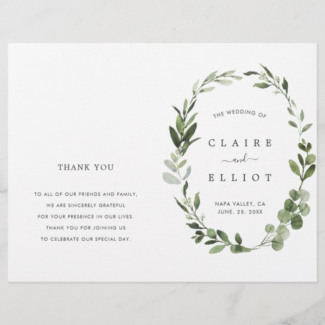 Eucalyptus Green Foliage Wreath Wedding Programme (Devant)