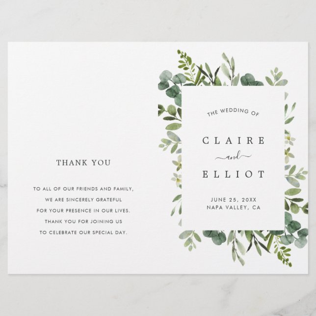 Eucalyptus Green Foliage Wreath Wedding Programme (Devant)