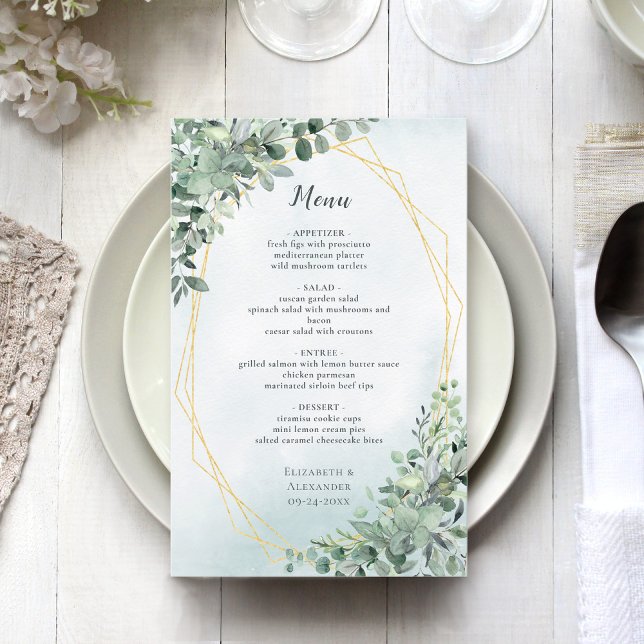 Eucalyptus Green Gold Elegant Wedding Menu (Créateur téléchargé)