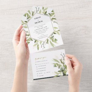 EUCALYPTUS GREEN GOLD FOLIAGE HEXAGONAL WEDD ALL IN ONE EINLADUNG