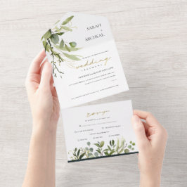 EUCALYPTUS GREEN GOLD FOLIAGE WATERCOLOR WEDING A ALL IN ONE EINLADUNG