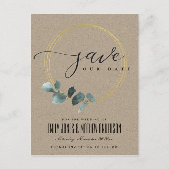 EUCALYPTUS GREEN KRAFT FAUNA KRIEG SAVE THE DATE ANKÜNDIGUNGSPOSTKARTE (Vorderseite)