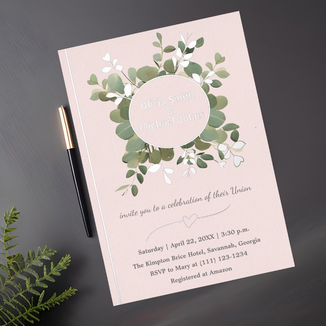 Eucalyptus Green Pink Silver Code QR Invitations (Créateur téléchargé)