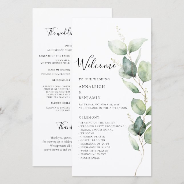 Eucalyptus Green Programme de mariage minimaliste (Devant / Derrière)