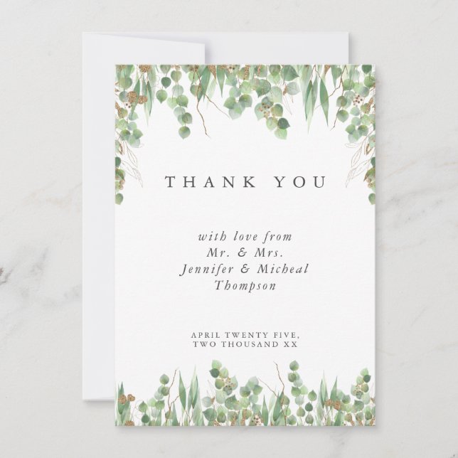 Eucalyptus Green Watercolor & Gold Wedding  Einladung (Vorderseite)