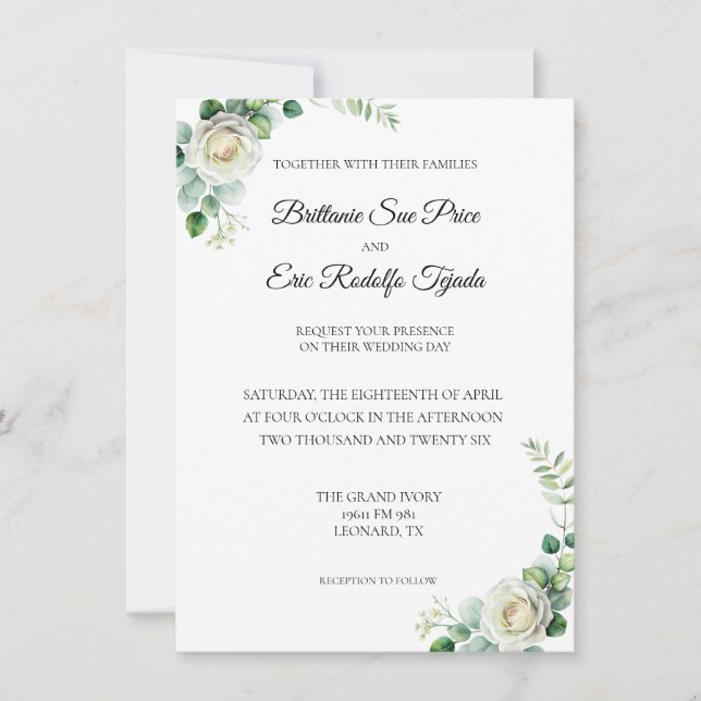 Eucalyptus Green White Flower Invitation (Devant)