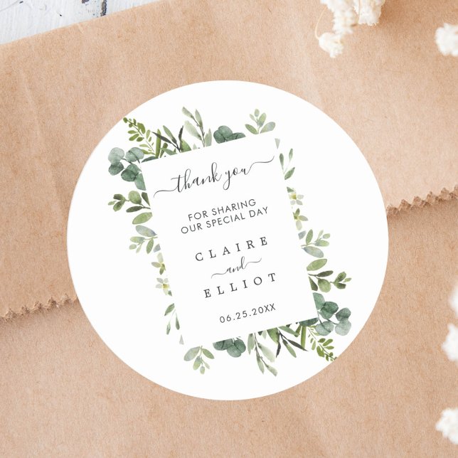 Eucalyptus Green Wreath Wedding Vielen Dank Runder Aufkleber (Von Creator hochgeladen)
