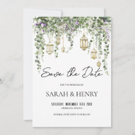 Eucalyptus Greenery and Gold Lantern Wedding Einladung