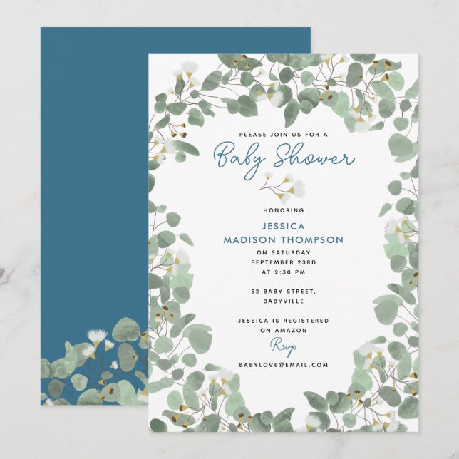 Eucalyptus Greenery Baby Boy Blue Baby Shower Einladung (Vorne/Hinten)