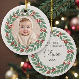 Eucalyptus Greenery Baby First Christmas Photo Keramik Ornament