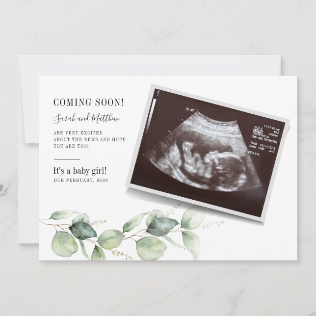 Eucalyptus Greenery Baby Reveal Schwangerschaft Ankündigung (Vorderseite)