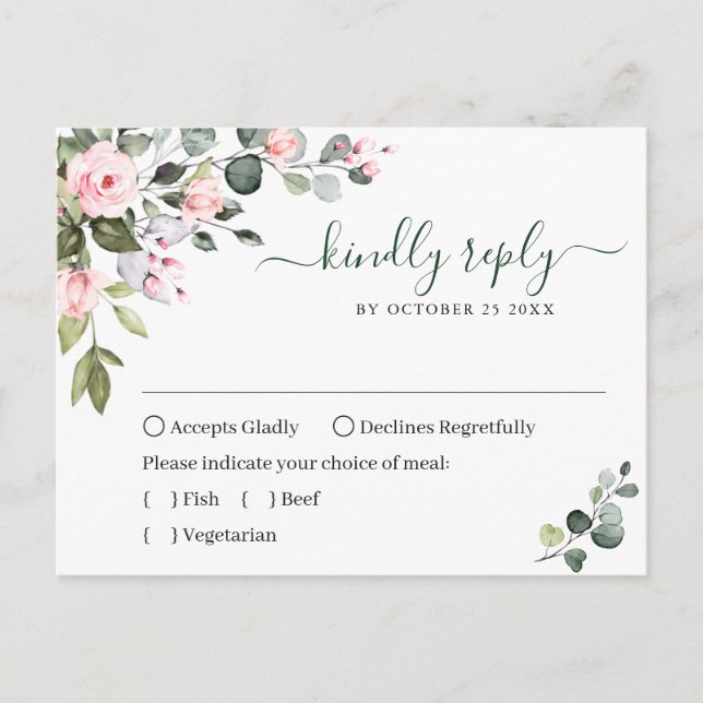 Eucalyptus Greenery Blush Roses mariage carte RSVP (Devant)