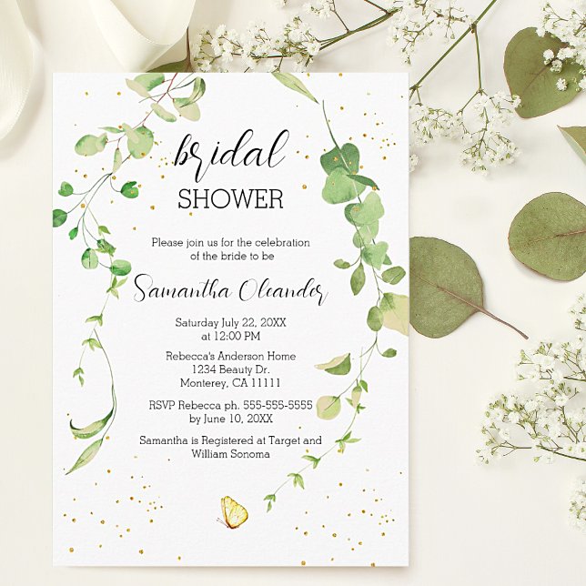 Eucalyptus Greenery Boho Brautparty Einladung (Eucalyptus Greenery Boho Bridal Shower Invitations with gold sparkle details.)