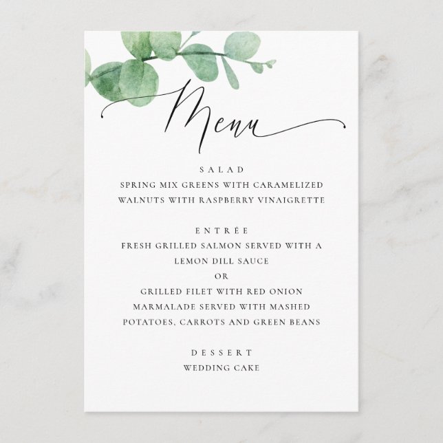 Eucalyptus Greenery Garden Wedding. Elegant Script Menükarte (Vorderseite)