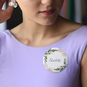 Eucalyptus greenery glitter name tag button