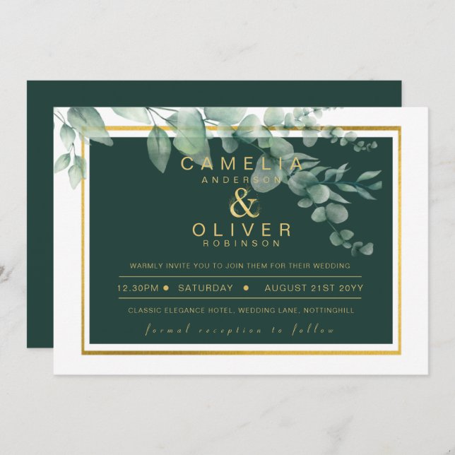 Eucalyptus Greenery Gold Emerald Wedding QR CODE I Einladung (Vorne/Hinten)