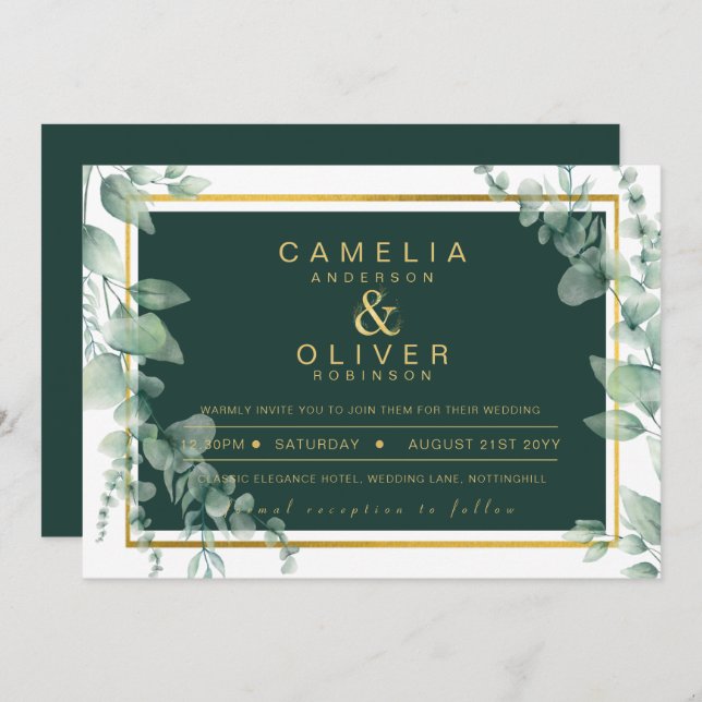 Eucalyptus Greenery Gold Emerald Wedding QR CODE I Einladung (Vorne/Hinten)