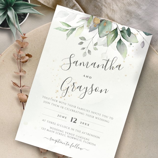 Eucalyptus Greenery Gold Leaves Elegant Wedding Einladung (Von Creator hochgeladen)