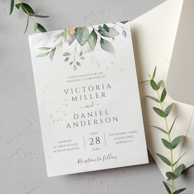 Eucalyptus Greenery Gold Leaves Elegant Wedding Einladung (Von Creator hochgeladen)