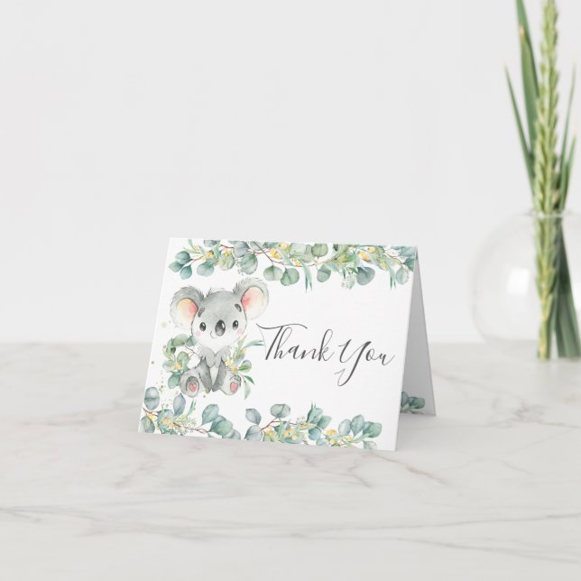 Eucalyptus Greenery Koala Birthday Baby Shower Dankeskarte (Vorderseite)