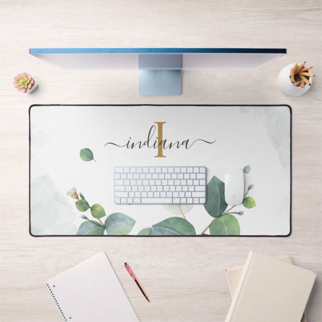 Eucalyptus Greenery Monogram Script Fête de Mariag (Bureau 1)