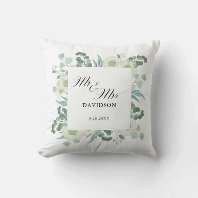 Eucalyptus Greenery Mr. and Mrs. Script Newlyweds Kissen (Vorderseite)
