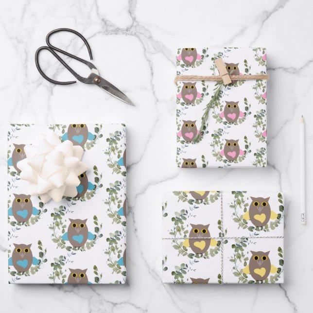 Eucalyptus Greenery Owls Geschenkpapier Set (Vorderseite)