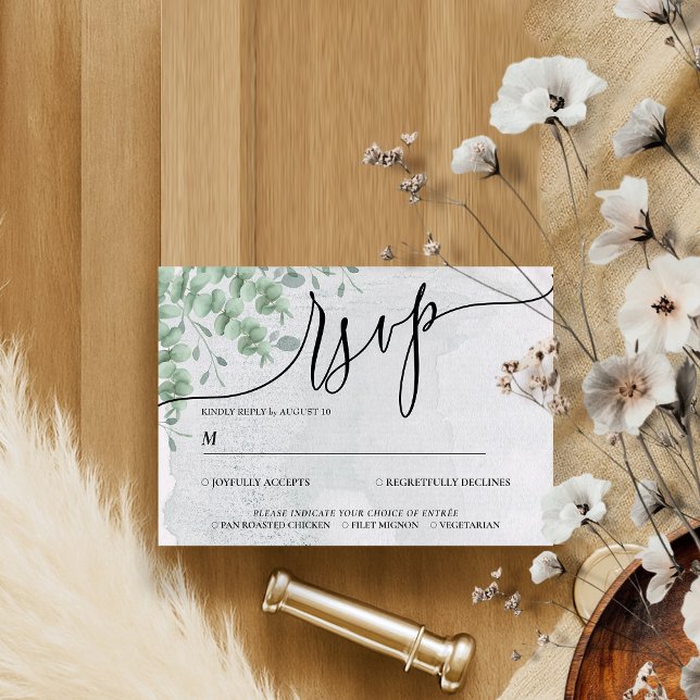 Eucalyptus Greenery Simple Calligraphy Boho RSVP Karte (Von Creator hochgeladen)