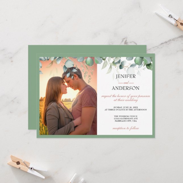 Eucalyptus Greenery Wedding Photo Einladung (Vorderseite/Rückseite Beispiel)