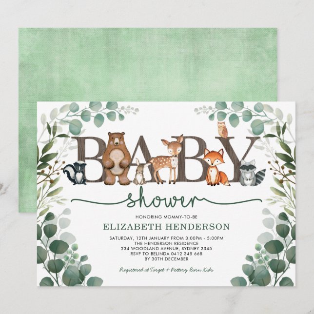 Eucalyptus Greenery Woodland Animals Baby-Dusche Einladung (Vorne/Hinten)