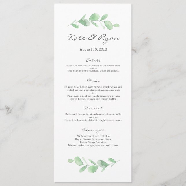 Eucalyptus jardin Mariage Carte Menu (Devant)