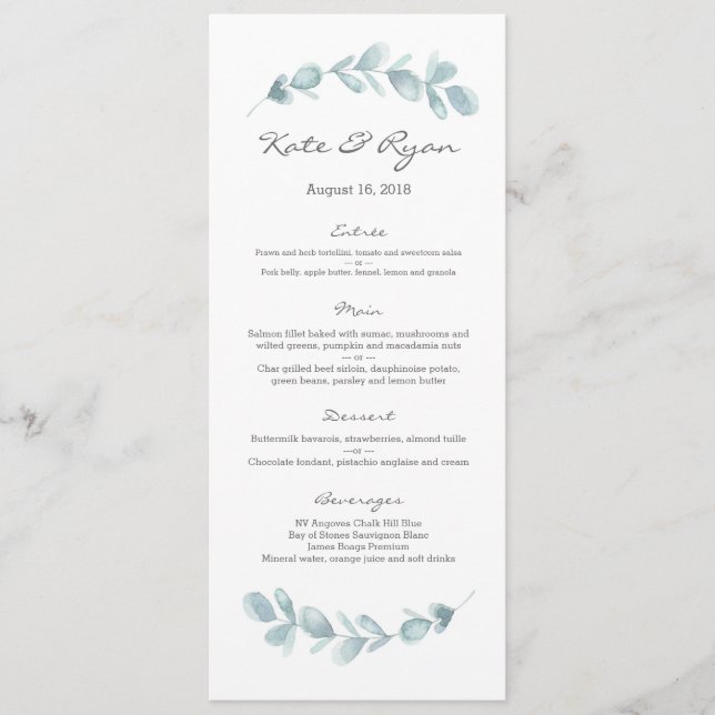 Eucalyptus jardin Mariage Carte Menu (Devant)