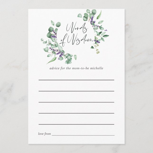 Eucalyptus Lavender Greenery Baby Shower Advice Hinweiskarte (Vorderseite)
