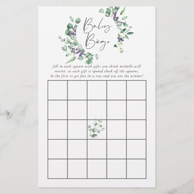 Eucalyptus Lavender Greenery Baby Shower Bingo (Vorderseite)