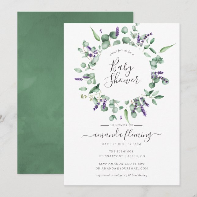 Eucalyptus Lavender Greenery Baby Shower Einladung (Vorne/Hinten)