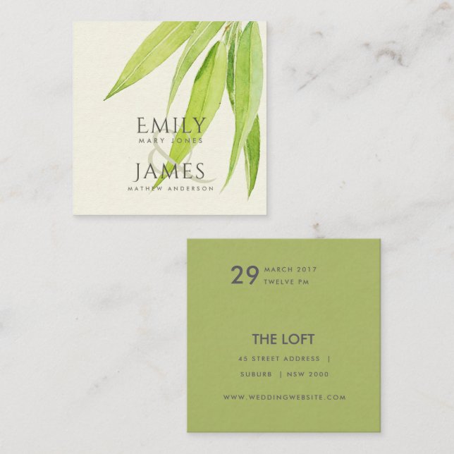 EUCALYPTUS LEAF WATERCOLOR FOLIAGE WEDD QUADRATISCHE VISITENKARTE (Vorne/Hinten)