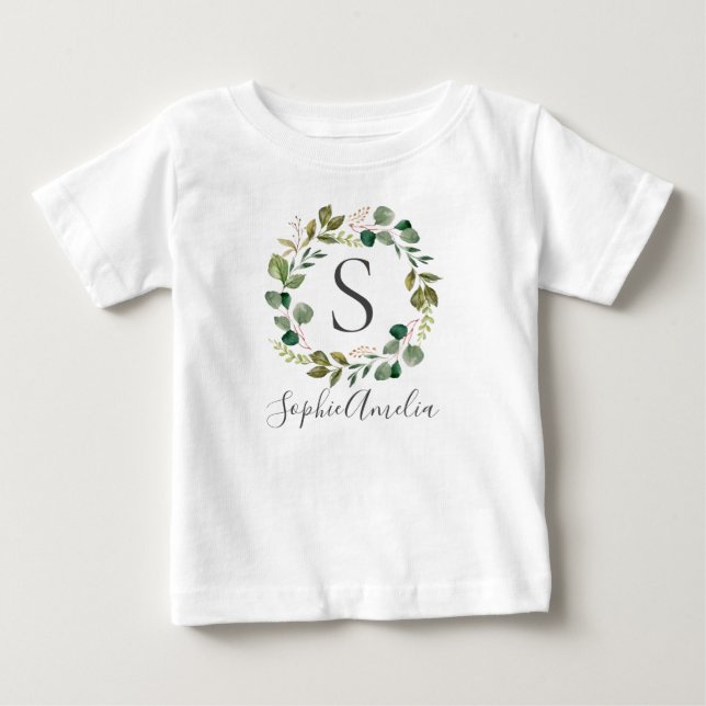 Eucalyptus Leafy Wreath Personalisiert Babyname Baby T-shirt (Vorderseite)