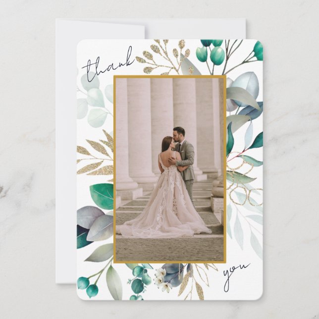 Eucalyptus Leaves & Gold Frame Watercolor Wedding Dankeskarte (Vorderseite)