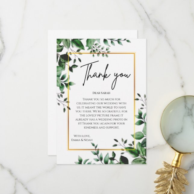 Eucalyptus Leaves Gold Frame Wedding Thank You Dankeskarte (Vorderseite/Rückseite Beispiel)