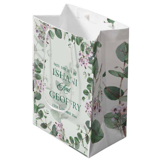 Eucalyptus Leaves Greenery Wedding Mittlere Geschenktüte (Vorderseite Schrägansicht)